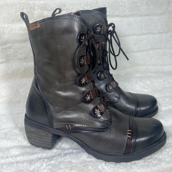 Pikolinos Le Mans Tall Leather Ankle Boot Women’s US 6.6/7 Combat Lace Up Gray - Picture 1 of 10